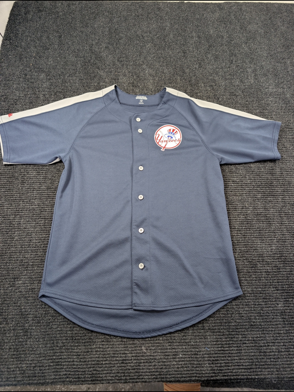 Stitches Blue and Cream Men's Button-Up Jersey with Yankees Patch